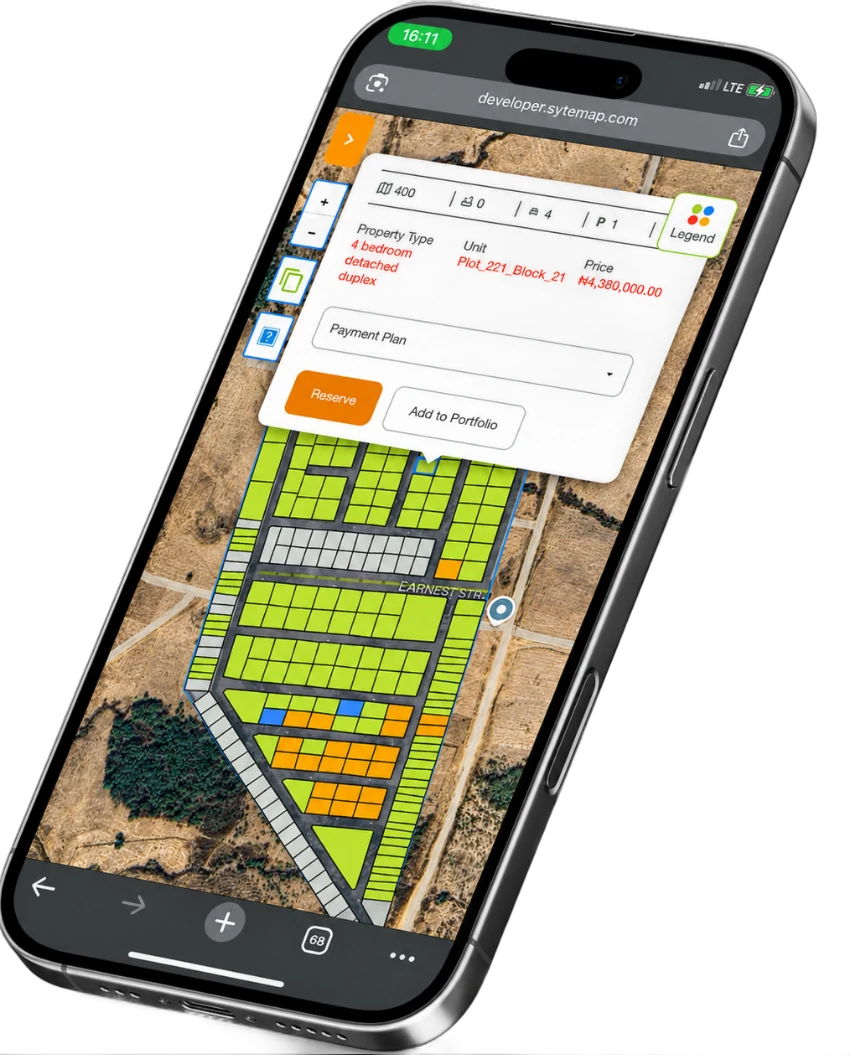 The Sytemap estate map on a phone, showing surveyed plots in colour and the details of Plot 221 with Reserve and Add to Portfolio buttons
