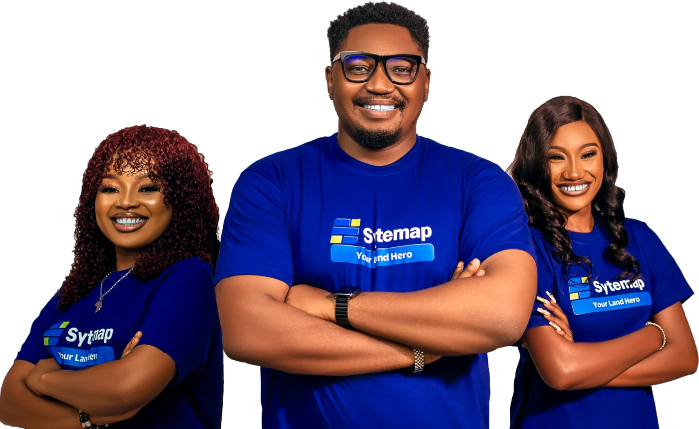 Three members of the Sytemap team in blue Sytemap Your Land Hero T-shirts, smiling with arms crossed