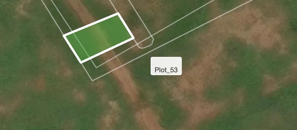 Satellite view of an estate with Plot 53 outlined and highlighted in green